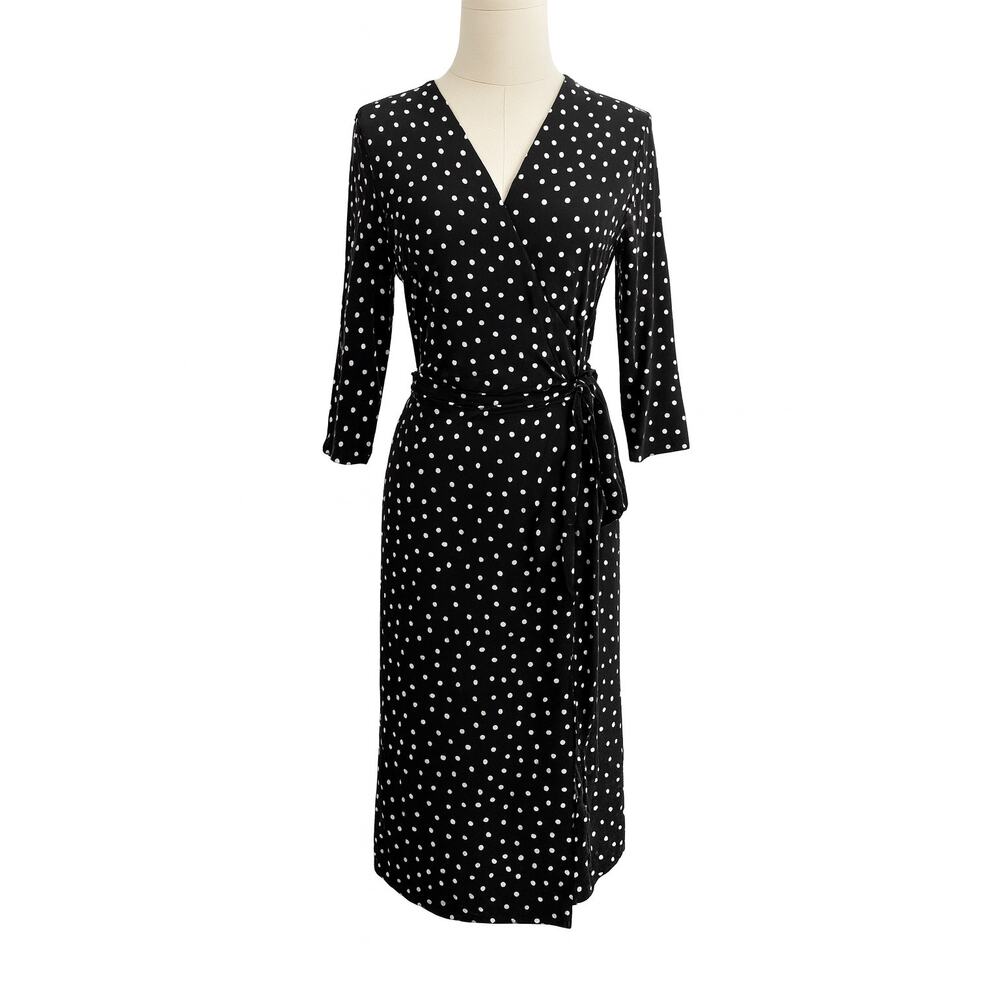 Black White Polka Dot Wrap Dress Stretchy XXL with Tie Bow Waist Mid Length
